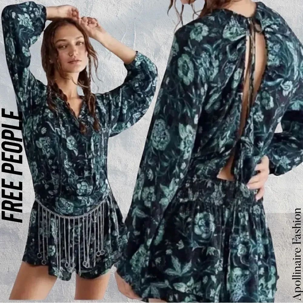 FREE PEOPLE DANCE TILL DAWM ROMPER IN GREEN BLACK COMBO FLORAL PRINT XS